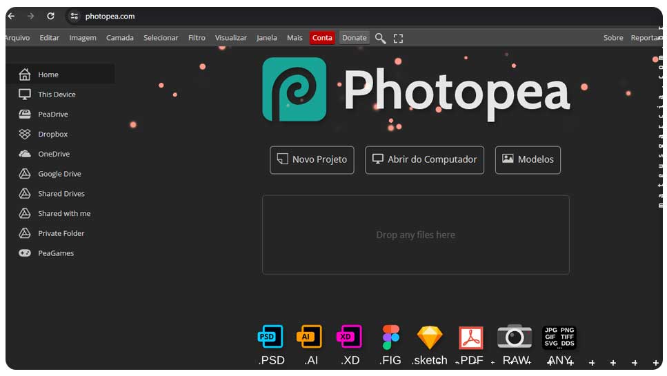Photopea: programa online e gratuito, similar ao photoshop, para edição de imagens e construção de materiais visuais.